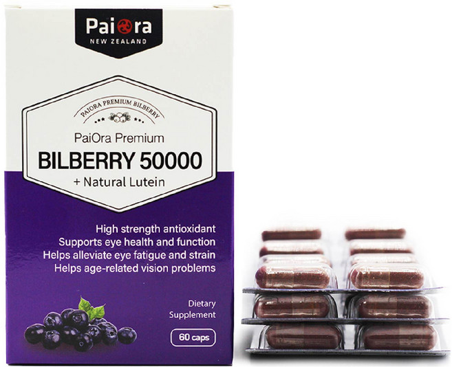 파이오라 뉴질랜드 빌베리 원어데이 50000mg 60캡슐 x4 루테인 베타카로틴함유, 4개, 60정