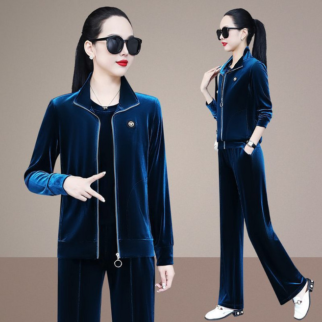 金絲絨運動服套裝女秋季寬鬆休閒跑步服三件套