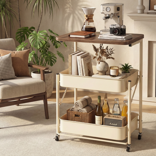 진마켓 반조립 접이식 이동식 트롤리 우드 상판, 화이트 + 월넛 브라운, 3단
