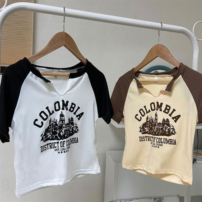 니즈플리 COLOMBIA 프린팅 슬림티 크롭티셔츠 트임티셔츠 화이트반팔티 크롭반팔티