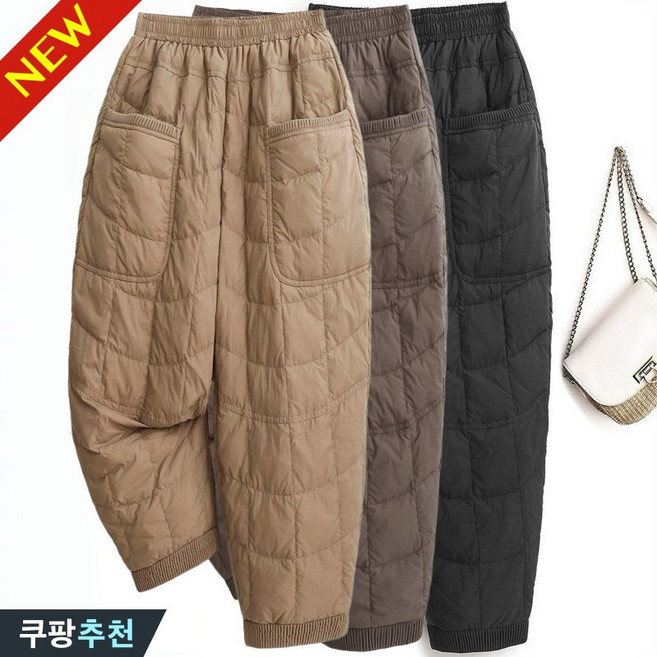 (25년 신상) 90kg까지 빅사이즈 여성 기모 패딩 누빔 패치워크 방한 팬츠 가을 겨울 편한 도톰한 따뜻한 허리 밴딩 캐쥬얼 모던 일상복 가볍고 부드러운 배기 팬츠 시보리 바지