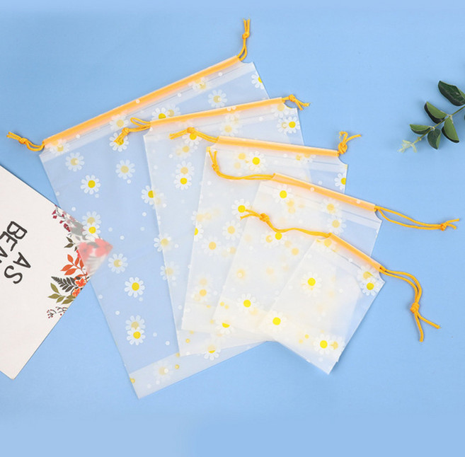 透明磨砂塑膠束口袋, 小雛菊磨砂抽繩12絲16*20, 1套