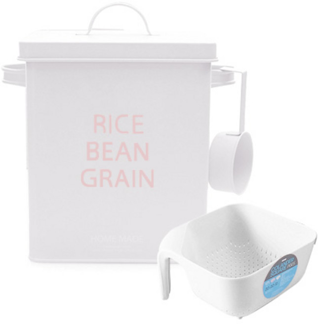 브랜드마켓코리아 틴 다용도수납함(쌀통)+사각 채반, 틴쌀통(핑크) 1개 + 콜렌더스퀘어(화이트) 1개, 1개