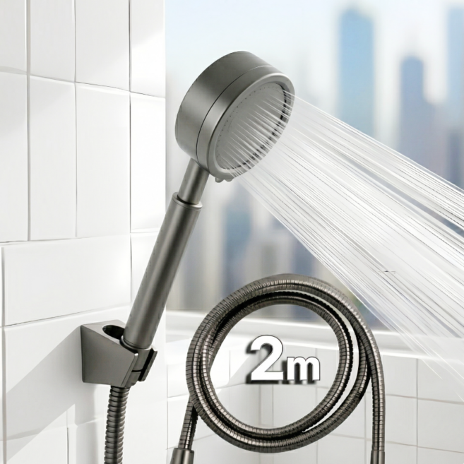 루벤하임 수압상승 호텔식 스테인리스 샤워기 헤드 + 샤워호스 2m, 그레이, 1세트