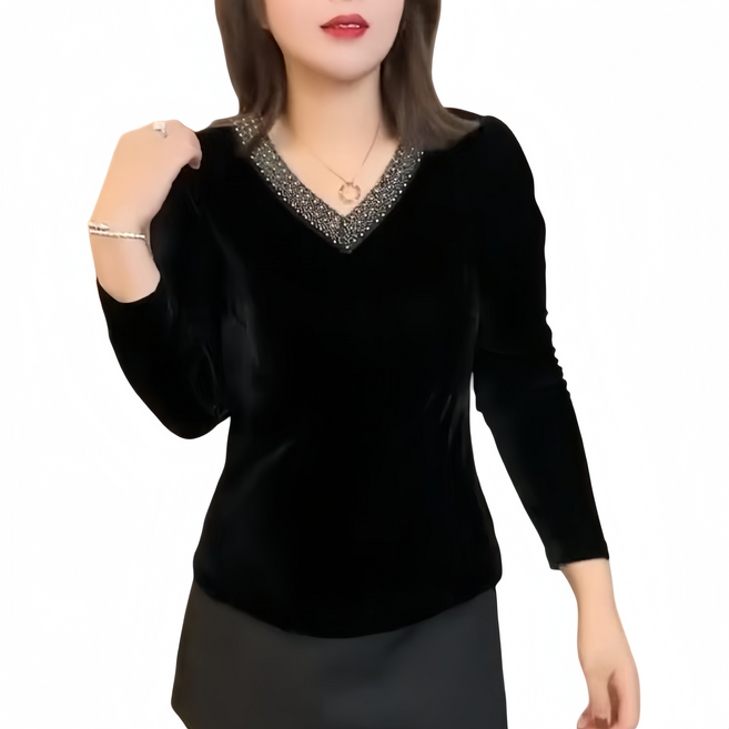 Makone 여성 티셔츠 브이넥 트랜드 엘레강스 벨벳 긴팔티