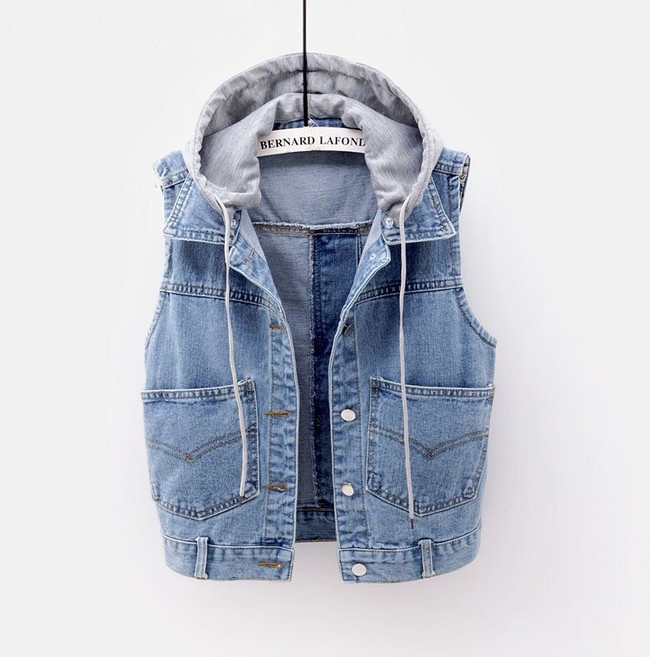여성 데님 베스트 후드 탈부착 데님 베스트 백 버튼 CIILLNY