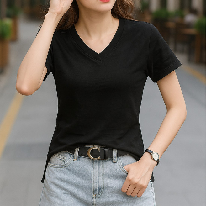 에쉬울프 여름 여성용 무지 브이넥 쿨 반팔 티셔츠