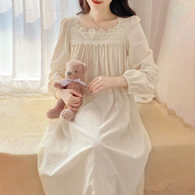 꽃소담 여성 봄가을 긴팔 무지 잠옷 원피스 데일리 레이스 실내복원피스 MQ26A464