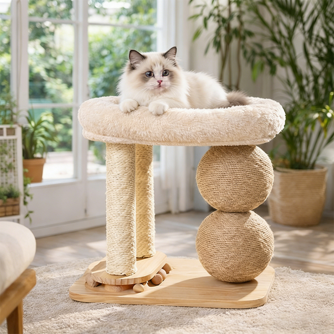 호밍사이 캣타워 캣하우스 2in1 사이잘삼 기둥으로 발톱 갈기 부스러기 안 떨어짐, 1개, 원목
