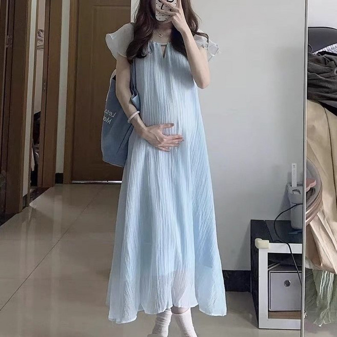 임산부 롱 원피스 여름용 롱 쉬폰 원피스 편안한 캐주얼 드레스 디자이너 스타일 JS