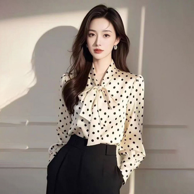 TKX 여성 오버핏 복고풍 도트무늬 리본타이 블라우스 긴팔 셔츠 고급 출근룩