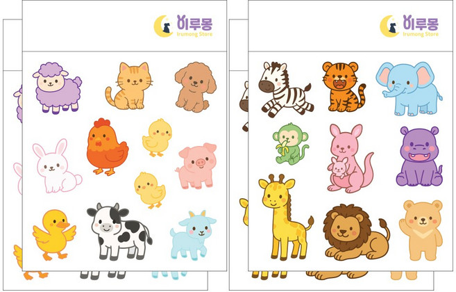 [이루몽] 2종 동물스티커 가축스티커 야생스티커 교육용스티커 1봉 6장, 가축 2봉 + 야생 2봉, 1set
