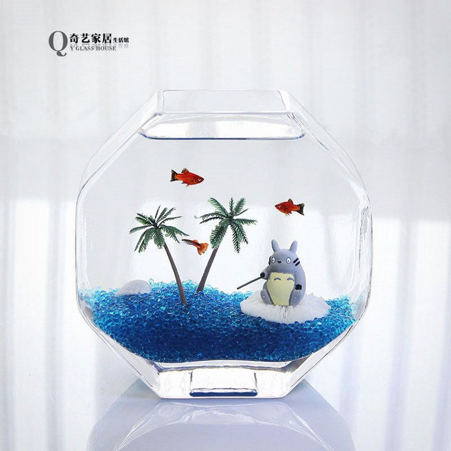 玻璃魚缸 花瓶 水培器皿 桌面小型魚缸, 1個, 小號魚缸+套餐1