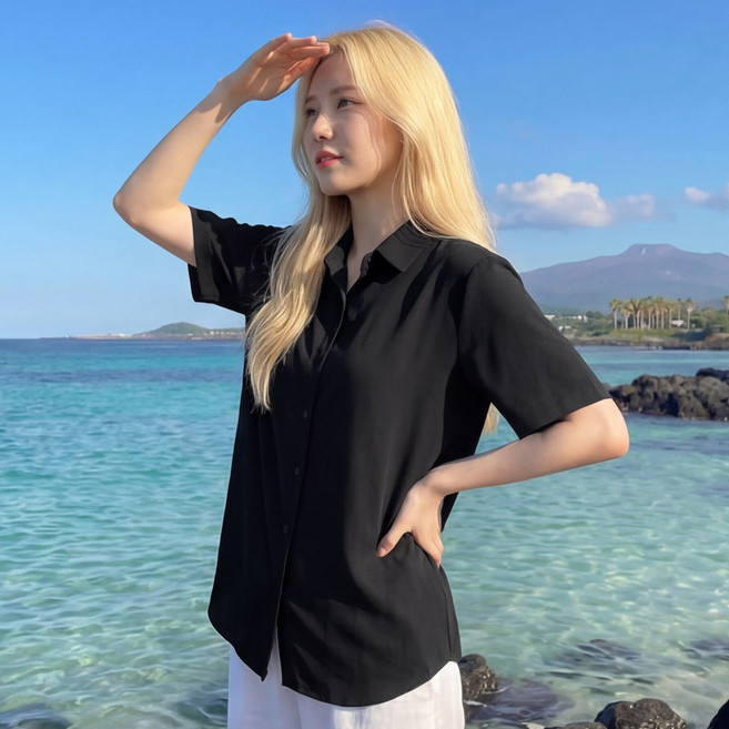 라뷰드 여성 루즈핏 베이직 반팔 셔츠 블라우스 봄가을 여름 데일리 오피스 정장 기본 심플 오버핏 카라넥 상의