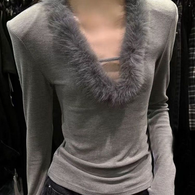 데일리 섹시 여자 브이넥 뽀글이 패치 긴팔 티셔츠 가을겨울 슬림핏 블라우스 셔츠