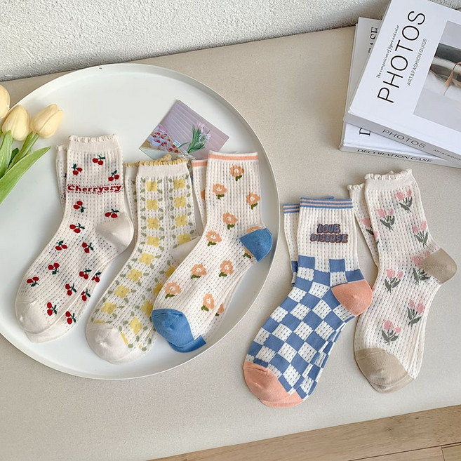 워더미 여성용 러블리 봄 여름 플라워 중목 양말 5종 세트 W738