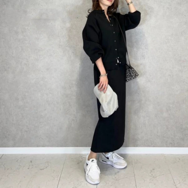 ZAJA 여성 블랙 셔츠 롱 스커트 세트 투피스 봄 여름 캐주얼 데일리룩
