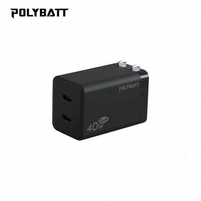 POLYBATT 40W 氮化鎵雙孔充電器 折角設計 輕巧便攜, 黑, 1個