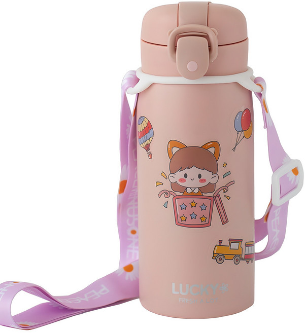 프레쉬어랏 럭키 원터치 보온보냉 텀블러 + 스티커 + 스트랩 세트, 핑크, 350ml, 1세트