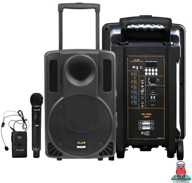 제이랩 MK-160Q 240W 이동식앰프 스피커 무선마이크 2개 충전식 캐리어 앰프, 헤드마이크 2개