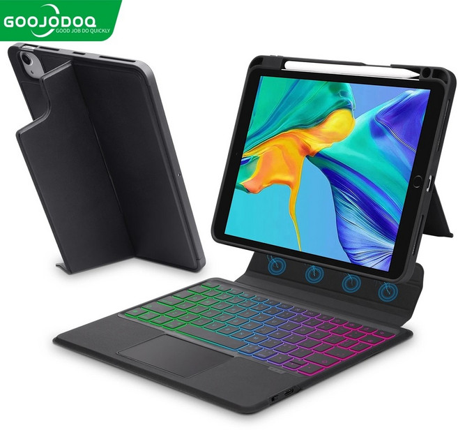 GOOJODOQ 구조독 매직 키보드 케이스 펜슬함 아이패드 10.2 7 8 9 세대 마그네틱 분리형 RGB 커버, Black English