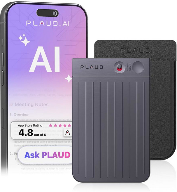 AI 음성 녹음기 케이스 PLAUD 노트 앱 제어 기술로 전사 및 요약 112개 언어 지원 64GB 메모리 강의 회의 통화용 오디오 실버, Black