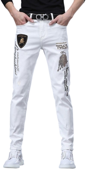 남성용 자수 프린트 화이트 데님 팬츠 코디 프리미엄 캐주얼 청바지 뉴타임즈 B509H623