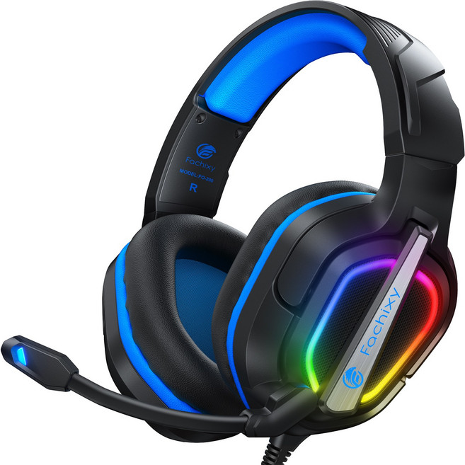 파치시 유선 게이밍 헤드셋 FC200 3D 사운드 노이즈 캔슬링 마이크 RGB 어린이 어학용 학습용 인강용, 블랙블루