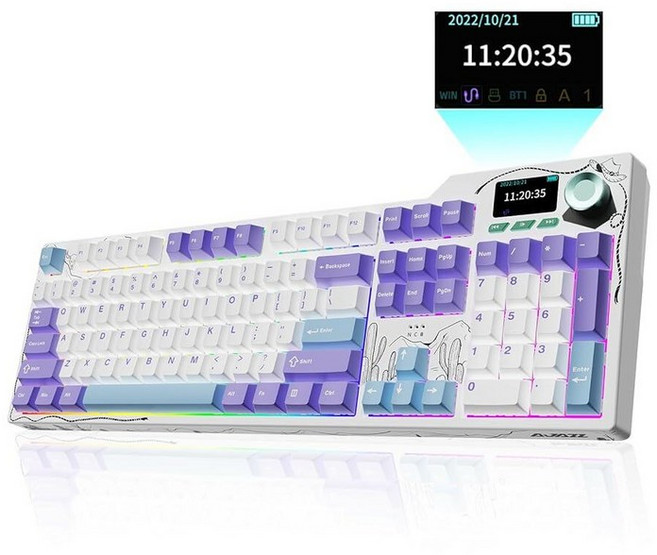 DAIDAI AK35I V4 풀사이즈 핫스왑 기계식 게이밍 키보드 (스크린 & 노브 포함) 2.4G/BT/USB-C 개스킷 FR4 플레이트 8000mAh 배터리 남향 L, V4 보라색 흰색 파란색