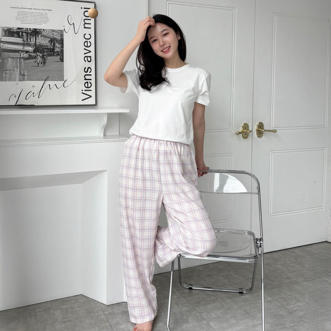 디디오 와이드핏 파스텔 체크 여성 파자마바지 9부 가벼운 여름 시원한 밴딩 잠옷긴바지 CW리즈