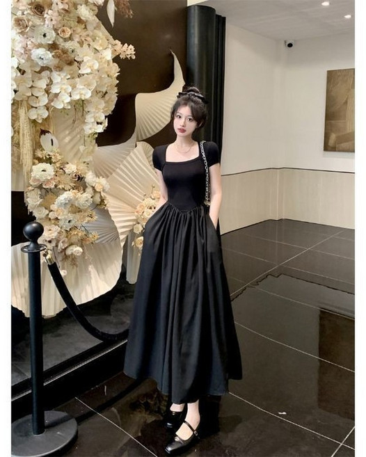 小黑裙 短袖連衣裙 短袖洋裝 仙女裙 黑色洋装 法式洋装 晚禮服 夏季赫本風長裙黑天鵝收腰方領顯瘦短袖款拼接, 方領拼接短袖連衣裙 [有口袋],m