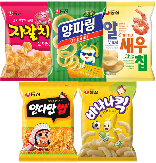 농심 스낵 5종 자갈치+양파링+알새우칩+인디안밥+바나나킥 2봉씩, 792g, 1세트