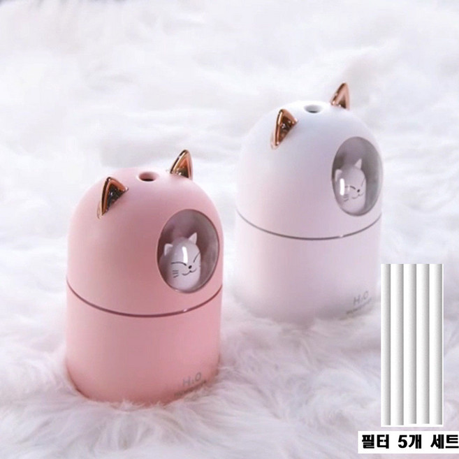 야옹이 가습기 애완 고양이 300ml 대용량 미니가습기 USB 가습기 무드등 필터 5개포함 KC인증 대량구매, 핑크