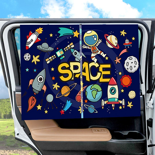매직커튼 자동차 햇빛가리개 암막커튼 초강력 자석고정 이중 차양막 차량용 커튼 메쉬 캠핑 사생활 보호 수면 귀여운 캐릭터 00776, 5.우주정거장, 1개