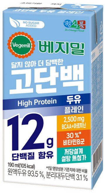 베지밀 고단백 두유 플레인 설탕무첨가 저당두유 (신제품 플레인), 16개, 190ml