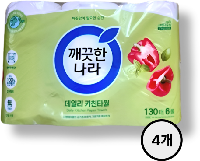 깨끗한나라 데일리 키친타올 그린패키지 130매 6롤 4팩, 4세트