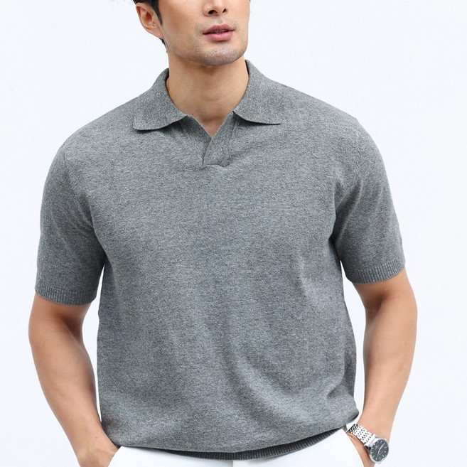 글리멜로 남자 여름 무지 오픈 카라 니트 반팔 티셔츠