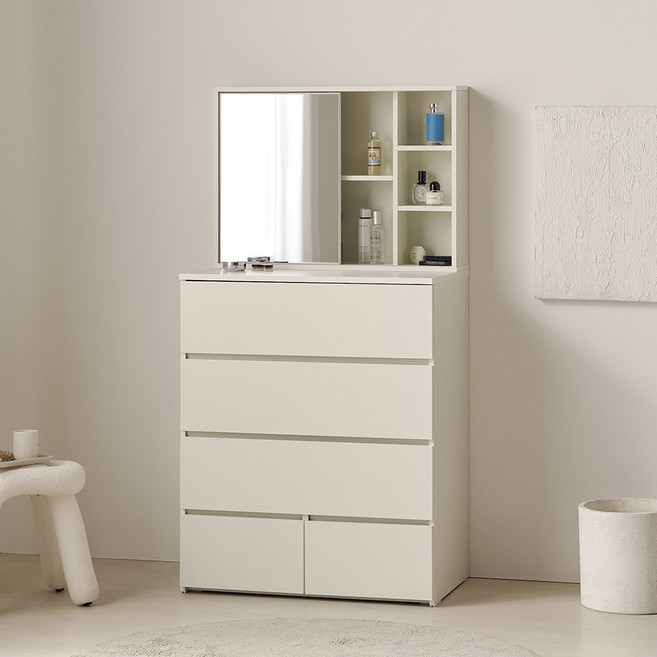 밀키 800 멀티 4단 서랍장+슬라이딩 수납거울 화장대, 크림화이트