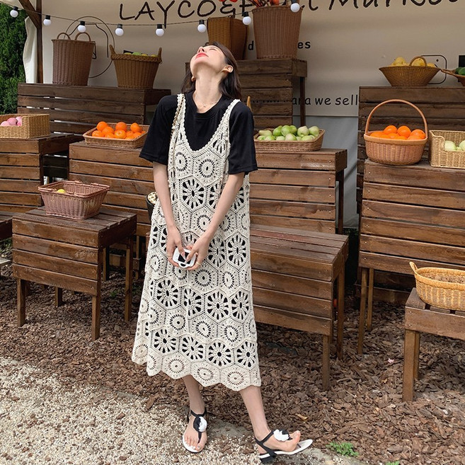 에쥬아 여성 펀칭 레이스 원피스 레이어드 스커트 여름 투피스 세트