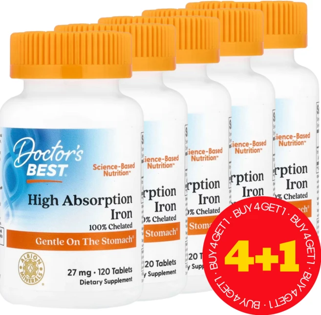 4+1 닥터스베스트 고흡수율 철분 보충제 Ferrochel 함유 27mg 120정 글루텐 프리 / 해외직구 미국정품, 5개 - 쿠팡