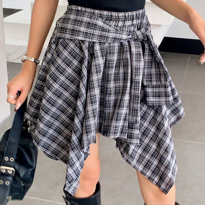 힙샵 봄신상 체크 언발 빈티지 허리밴딩 레이어드 짧은 치마 속바지 플레어 미니 스커트
