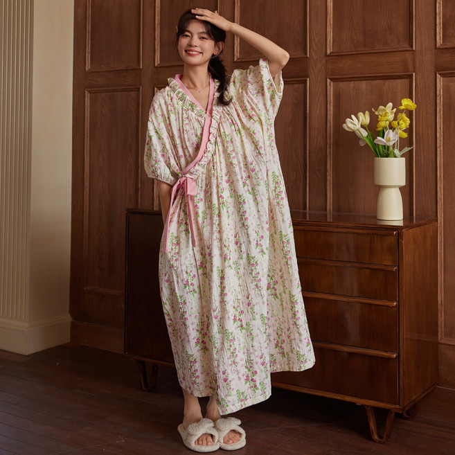 리얼 빅사이즈 유카타 홈웨어 핑크 플라워 원피스 잠옷 여자 파자마 여성 캡내장 노브라 가운
