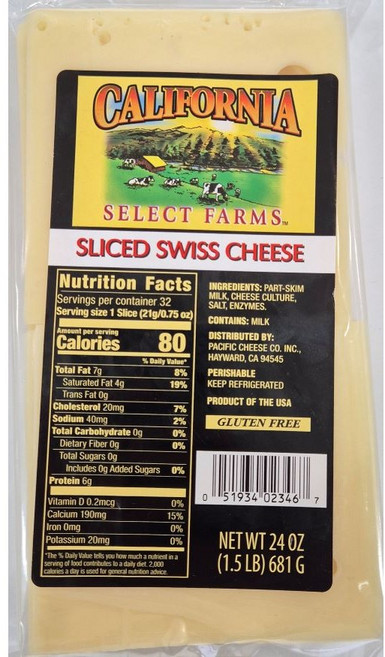 캘리포니아 셀랙트 팜스 스위스 슬라이스 치즈, 1개, 681g