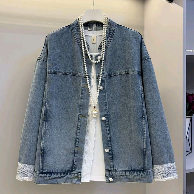 여성 레이스포인트 노카라 청자켓 봄가을 데일리 무지 숏 아우터