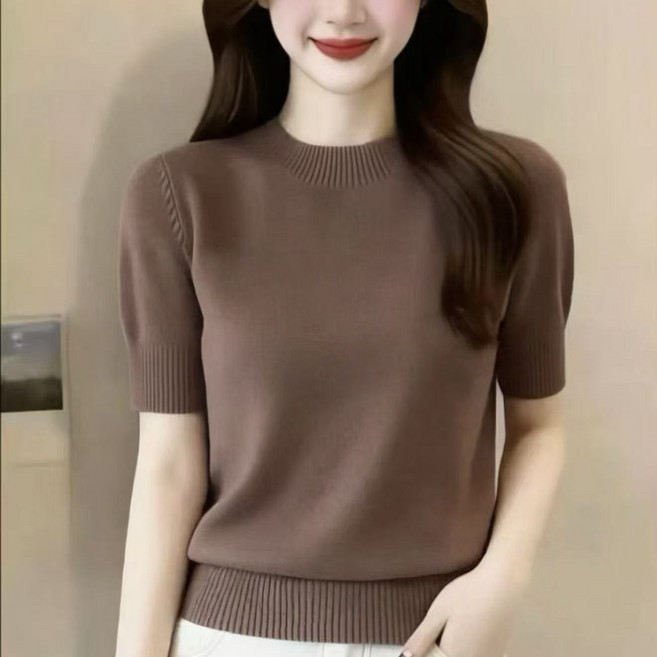 여성 냉장고 반팔티 캐주얼 얇은 라운드넥 반팔 니트 티셔츠 여름 여자 반팔 상의 YCY
