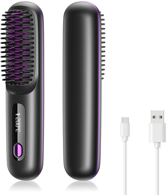 무선 빗고데기 음이온 브러쉬 헤어 스타일러 3단계 온도조절 매직기 휴대용, 블랙