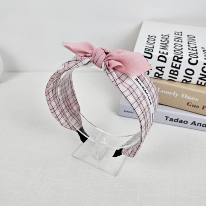 무이토린다 핑크 리본 러블리 체크 레터링 반다나 헤어밴드