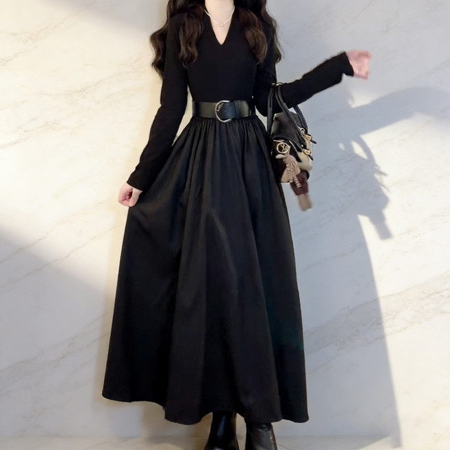 BiimTee 여성용 춘추 원피스 하객룩 루즈핏 브이넥