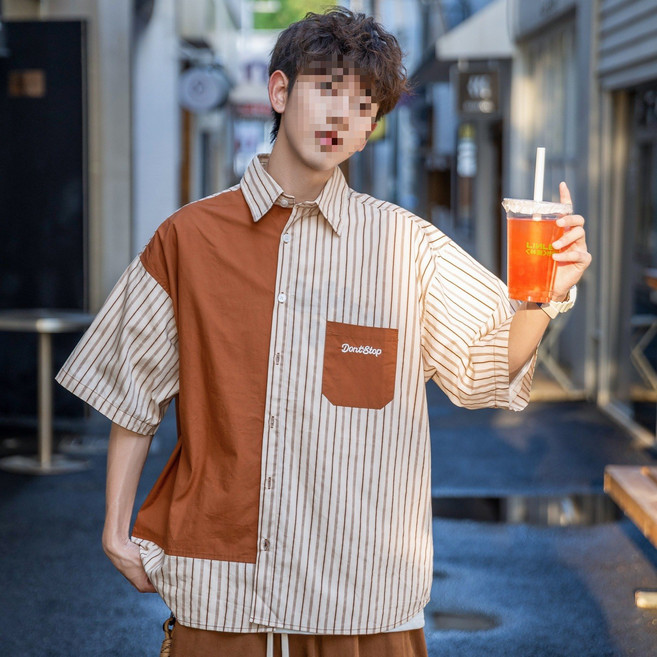 牛油果拼色短袖襯衫男生夏季帥氣衣服寬鬆半袖條紋休閒襯衣藏青色