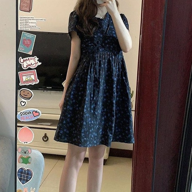 藍色碎花連衣裙女 夏季新款 法式小個子顯瘦氣質短裙 娃娃裙, 023連衣裙,S 45.0kg內可穿
